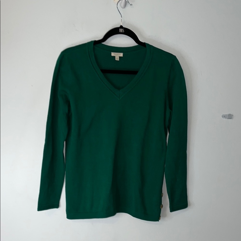 Talbots Kelly Green V-Neck Sweater Sz Small Petite Button Detail At Hem Cotton